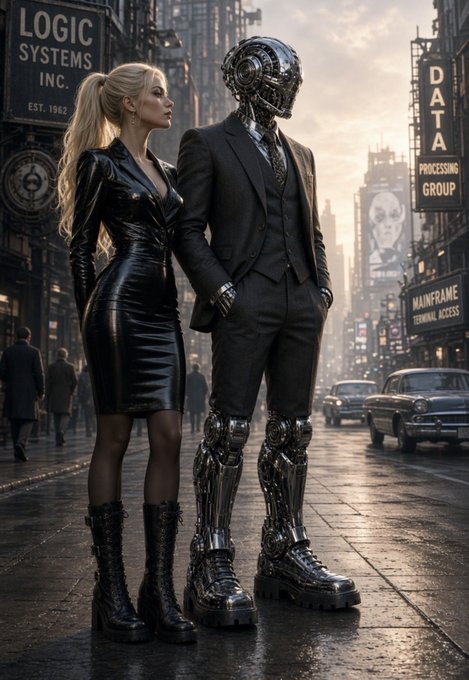 A digital art piece of a cyberpunk couple, where a woman in a black dress stands next to a large metallic robot in a suit, on a futuristic city street.