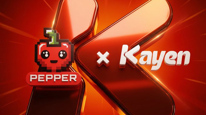 A red pixelated pepper character with a green stem and a "PEPPER" label appears alongside a "× Kayen" logo on a glossy red background, promoting a partnership between the $PEPPER token and Kayen Finance on Chiliz Chain. The image visually announces the PEPPER/WCHZ trading pair collaboration, tying the playful mascot to the DeFi hub mentioned in the post.