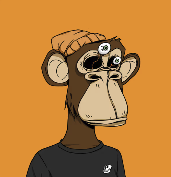 A cartoon illustration of a brown monkey with a beanie, wearing a black t-shirt, and featuring fractured, trippy eyes with spiderweb patterns, set against an orange background.