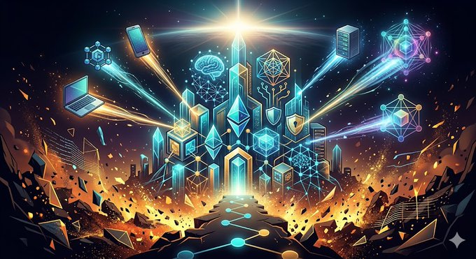 The image features a digital illustration of a castle with many towers and buildings, surrounded by a bright blue sky filled with stars. The scene also includes various objects such as cubes, spheres, and other geometric shapes scattered throughout the picture. The overall design is vibrant and eye-catching, drawing attention to its intricate details and complex layout.