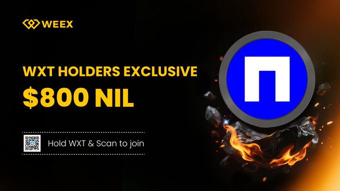 A promotional banner for WEEX announcing a "$800 NIL" giveaway exclusive to WXT holders, featuring the Nillion logo over fiery rocks and instructions to "Hold WXT & Scan to join" via the @nillion community.