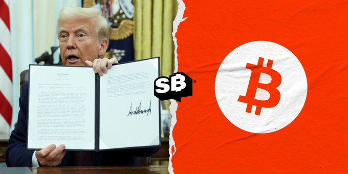 President Trump holds up a signed document, likely the crypto Clarity Act, alongside a Bitcoin graphic and "SB" logo, representing the bipartisan ethics agreement related to the legislation set for a Tuesday Senate vote.