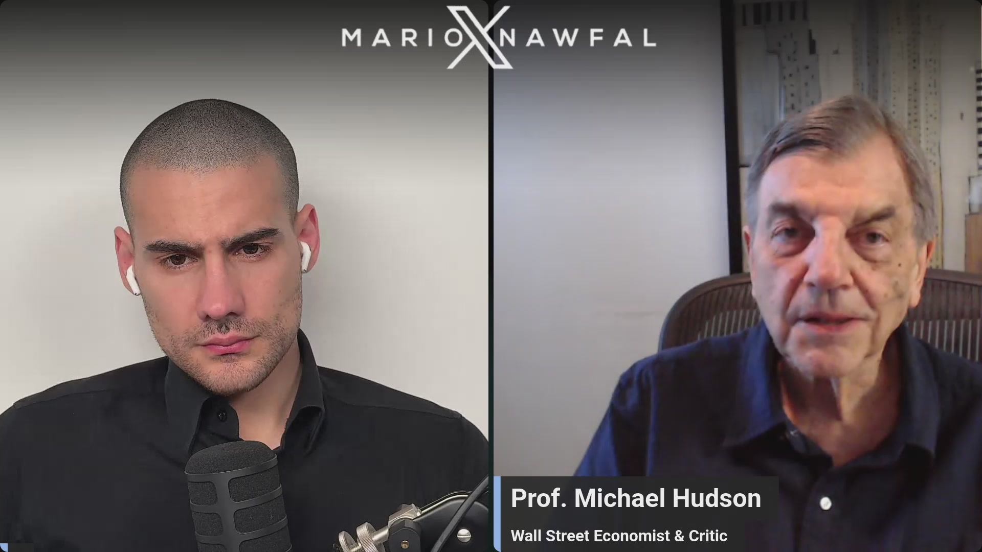 In this image, two men are seen standing next to each other with microphones, presumably broadcasting an interview or discussion for a podcast or live streaming event about current events or news topics. The host appears to be Prof. Michael Hudson, who is known for his expertise on various economic and business matters. In the background of the image, there is a text that reads "BITCOIN CRASHES, OIL SPICES, U.S. ECONOMY CRACKS". This suggests that the conversation might be related to recent news events or possibly discussing global economic trends.