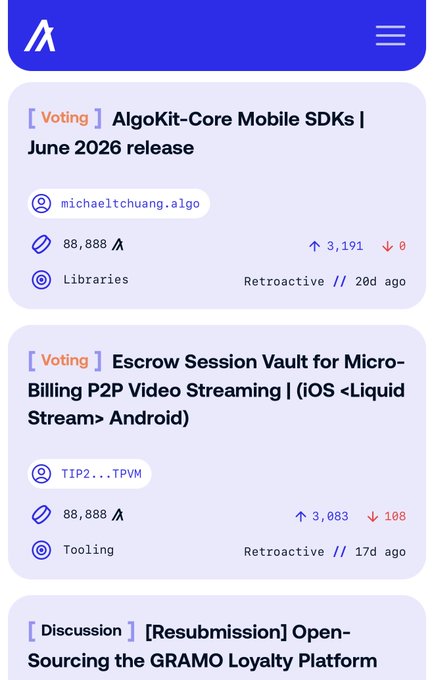A screenshot of the Algorand xGovs voting platform showing two active proposals—"AlgoKit-Core Mobile SDKs | June 2026 release" by @michaeltchuang.algo and "Escrow Session Vault for Micro-Billing P2P Video Streaming | (iOS <Liquid Stream> Android)" by TIP2...TPVM—each with 88,888 Algo funding amounts and recent upvote activity, alongside a third [Discussion] item for the GRAMO Loyalty Platform.