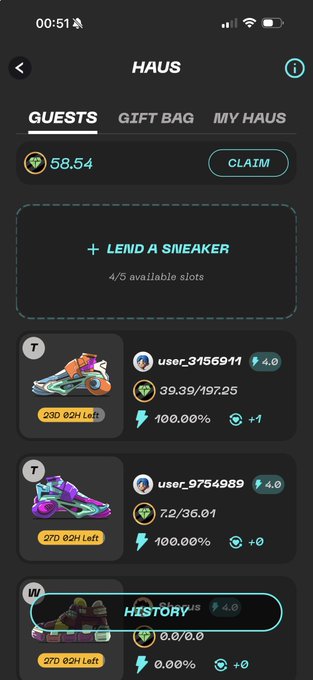 A dark-themed mobile app screen titled HAUS displaying quests and a 'Lend A Sneaker' option, listing users like user_3156941 and user_9754989 with their sneaker stats.