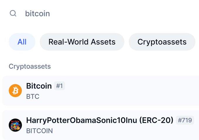 A cryptocurrency search interface showing results for 'bitcoin' with 'Bitcoin (BTC)' ranked #1 and 'HarryPotterObamaSonic10Inu (BITCOIN)' ranked #719.