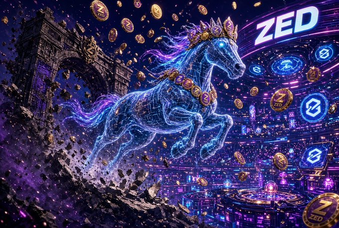 A vibrant fantasy artwork featuring a glowing blue digital/wireframe horse wearing a golden crown, surrounded by ZED cryptocurrency coins against a dark cityscape background.