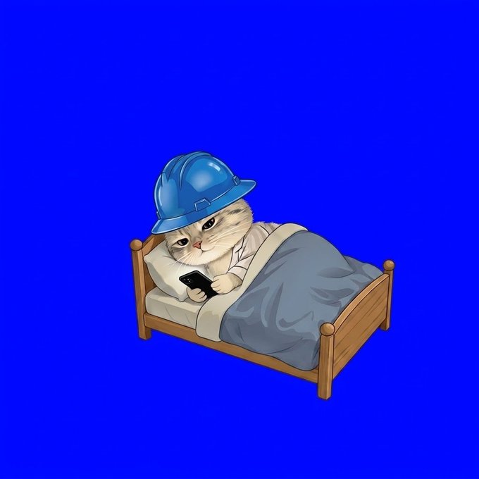 A tired-looking cat wearing a blue hard hat lies in bed under a blue blanket, holding a smartphone, against a bright blue background—capturing the classic "Monday blues" exhaustion of the "GMeow" Basecat meme shared on Day 291 of promoting $BASE.