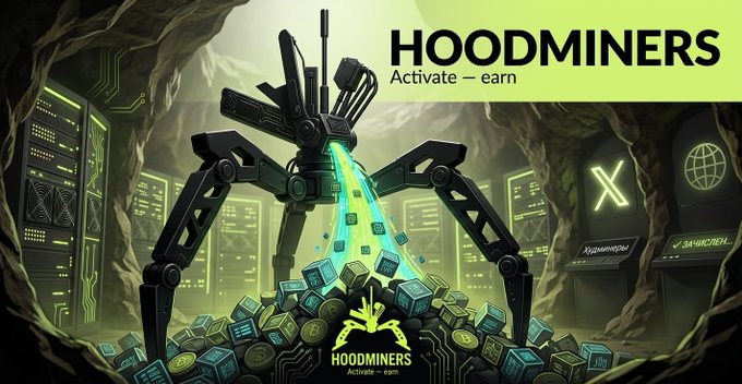 A promotional graphic for "HOODMINERS" featuring a futuristic spider-like robot mining cryptocurrency in a cave filled with glowing green servers and coins, with the tagline "Activate - earn".