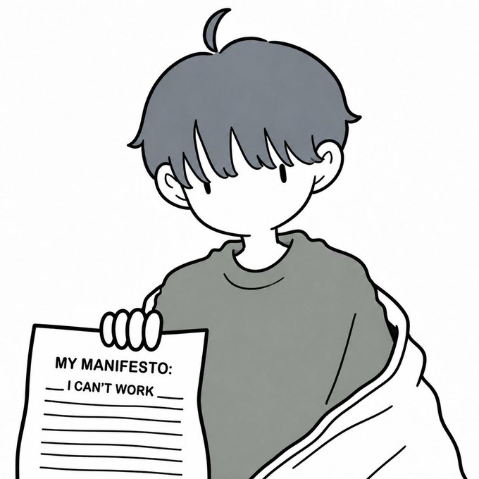 A cartoon illustration of a person with blank eyes holding a paper that reads 'MY MANIFESTO: ___ I CAN'T WORK ___'.