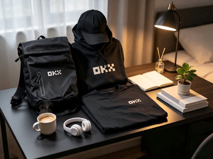 A collection of OKX branded merchandise displayed on a desk, including a black backpack, hoodie, t-shirt, and cap, all featuring the "OKX" logo, alongside coffee, headphones, and a notebook that complement the relaxed unboxing atmosphere.