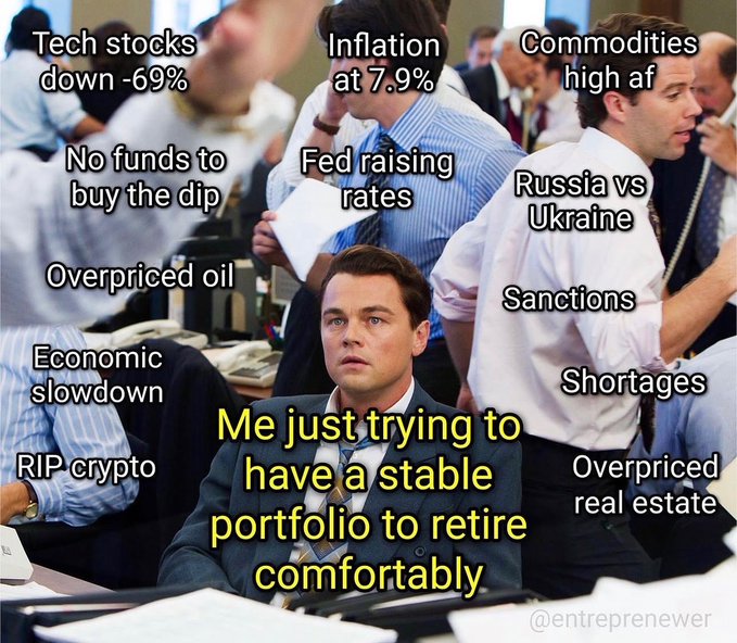 A meme featuring Leonardo DiCaprio as the calm center from the Wolf of Wall Street "not stonks" scene, captioned "Me just trying to have a stable portfolio to retire comfortably," surrounded by chaotic text listing economic troubles including "Tech stocks down -69%," "Inflation at 7.9%," "Fed raising rates," "Russia vs Ukraine," "Sanctions," "Shortages," "Overpriced real estate," "RIP crypto," "Economic slowdown," "Overpriced oil," and "No funds to buy the dip." Watermarked @entreprenewer.