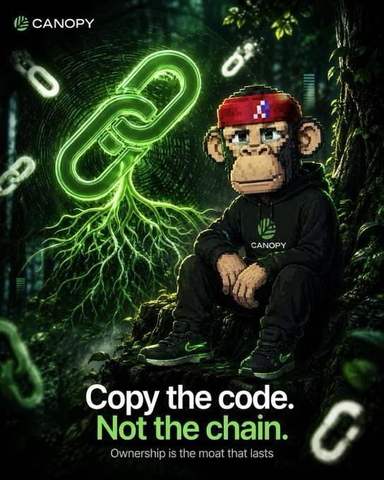A Canopy NFT promotional graphic featuring a pixel-art monkey wearing a red headband and black hoodie, seated next to a glowing green chain link icon with roots, accompanied by the tagline "Copy the code. Not the chain. Ownership is the moat that lasts."