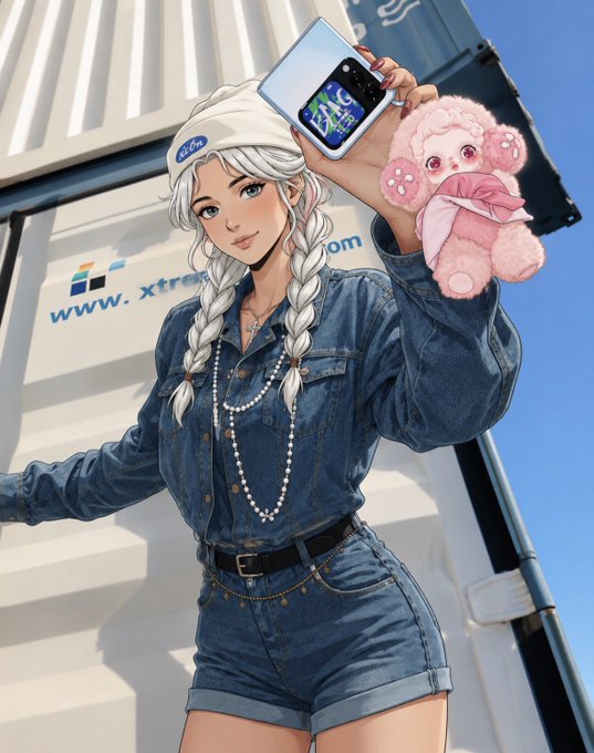 An anime-style illustration of a woman with long silver braided hair wearing a white beanie and denim outfit, holding up a smartphone and a pink plush sheep toy.