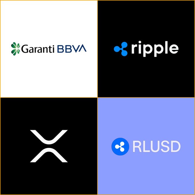 A four-panel image displaying logos: 'Garanti BBVA' (top left), 'ripple' (top right), the XRP symbol (bottom left), and 'RLUSD' (bottom right).