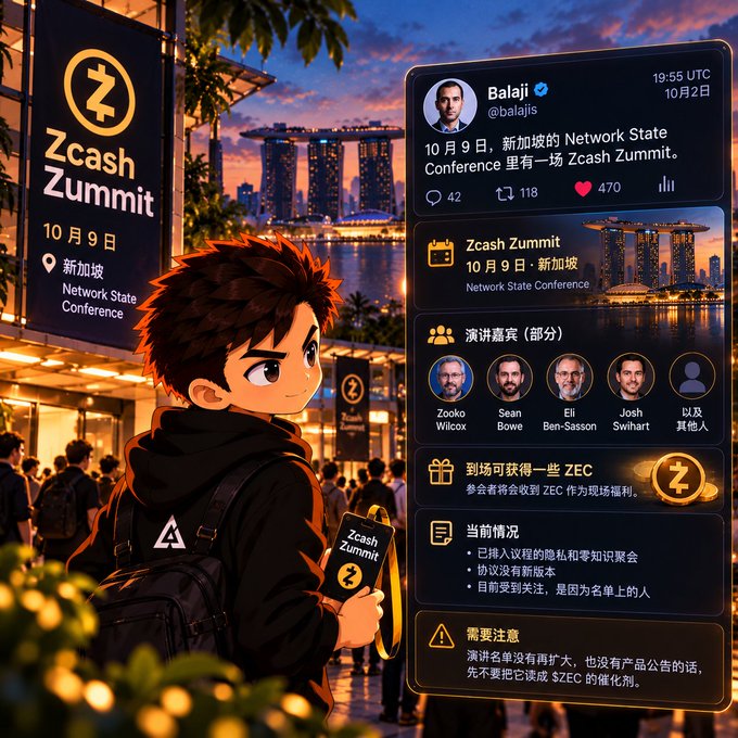An anime-style illustration shows a young man with spiky brown hair holding a Zcash Zummit sign, set against a Singapore evening cityscape. A social media post overlay from @balajis announces the Zcash Zummit on October 9 at the Network State Conference in Singapore, listing speakers like Zooko Wilcox and Sean Bowe, and offering ZEC tokens to attendees.