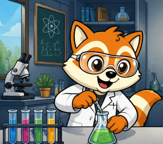 A cartoon red panda scientist in goggles and a lab coat stirs a bubbling green flask in a colorful laboratory, perfectly capturing the "something big is brewing" metaphor as ToonSwap prepares to evolve beyond trading into yield generation where idle funds will start working for users.