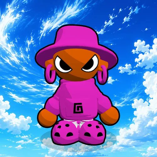 A cartoonish character with brown skin wearing a purple bucket hat, hoodie, and sneakers stands against a bright blue cloudy sky background.