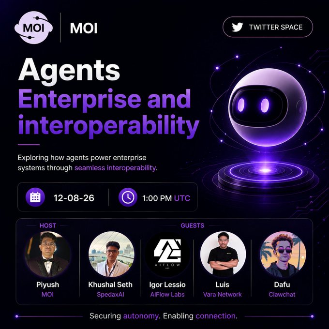 Promotional graphic for a MOI Twitter Space titled 'Agents: Enterprise and interoperability' scheduled for 12-08-26 at 1:00 PM UTC, hosted by Piyush with guests from SpedaxAI, AIFlow Labs, Vara Network, and Clawchat.