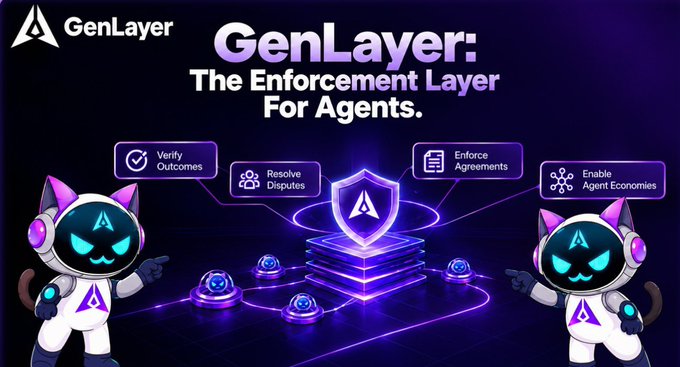 A promotional graphic for 'GenLayer: The Enforcement Layer For Agents' featuring two purple and white cat-like robot characters flanking a central shield logo, with callouts for 'Verify Outcomes', 'Resolve Disputes', 'Enforce Agreements', and 'Enable Agent Economies'.