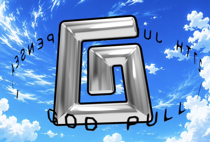 A surreal image with a metallic chrome 'G' shape floating in a blue sky with clouds, surrounded by hand-drawn arrows and symbols.