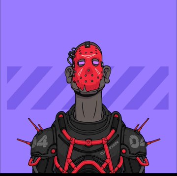 A digital artwork of a character wearing a red hockey-style mask and a black outfit with red harness straps and spikes on the shoulders, set against a purple background.
