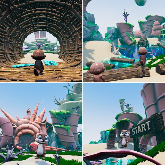 A collage of four screenshots from a 3D platformer game featuring a small, furry character in various colorful environments.
