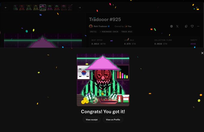 A celebratory screenshot shows the successful acquisition of "Trádooor #925" NFT, with a popup displaying a pixel art character in a purple hat and green robe alongside "Congrats! You got it!" messaging, directly commemorating the user's enthusiastic post about joining the Tradooor $REKT community.