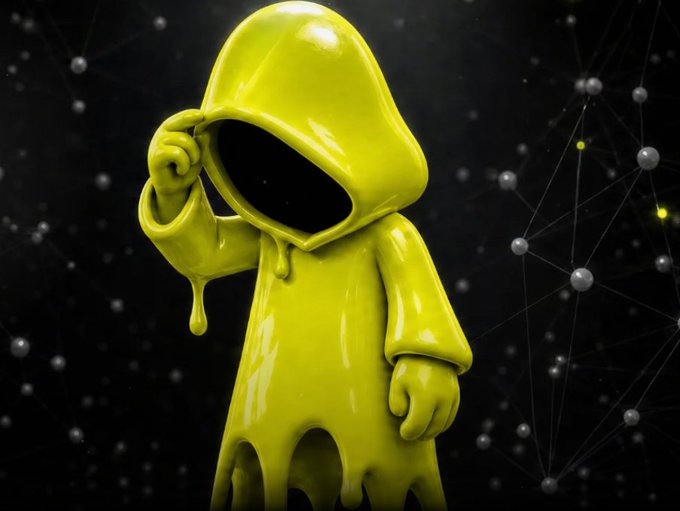 A 3D rendered yellow character in a hoodie with a black void face stands against a dark background with a constellation-like network pattern.