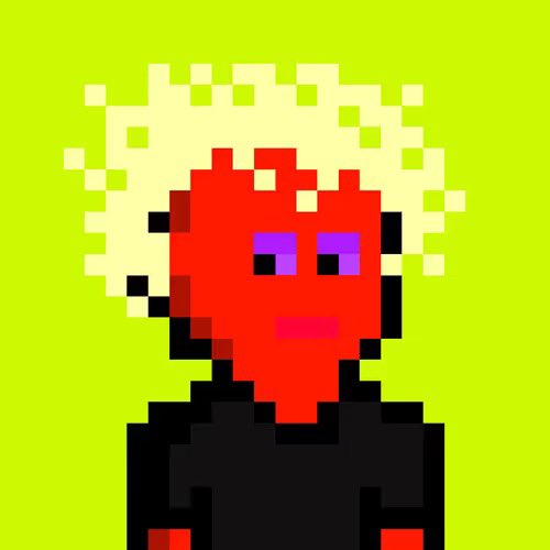 A pixel art illustration of a figure with red skin, blonde hair, and purple eyes wearing a black shirt against a bright green background.