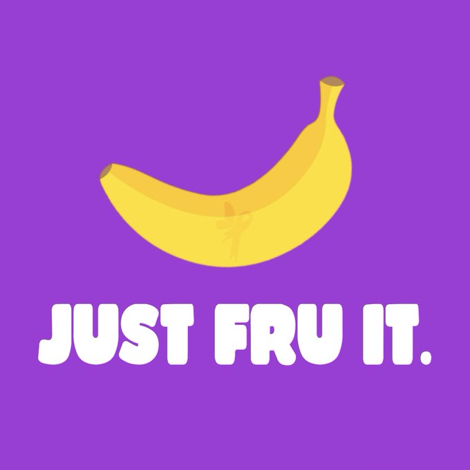 A purple graphic featuring a banana illustration with the slogan "JUST FRU IT." in bold white text.
