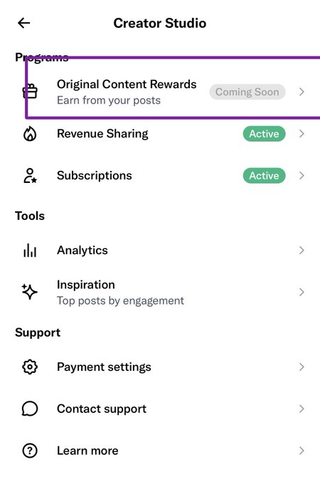 The image shows a "Creator Studio" menu with options including Original Content Rewards (Coming Soon), Revenue Sharing (Active), Subscriptions (Active), Analytics, Inspiration, Payment settings, Contact support, and Learn more, with "Original Content Rewards – Earn from your posts" highlighted. It relates to the post's call to action about content creation and earning from posts, aligning with the creator economy theme behind the "Do It For The Vine" reference and crypto tickers SOL XRP.