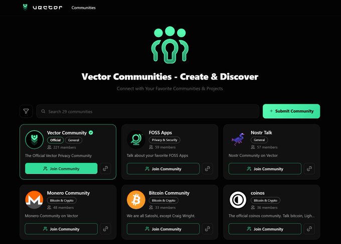 A screenshot of the Vector Communities webpage displaying a grid of community cards including Vector Community (Official), FOSS Apps, Nostr Talk, Monero Community, Bitcoin Community, and coinos, with options to search and join.