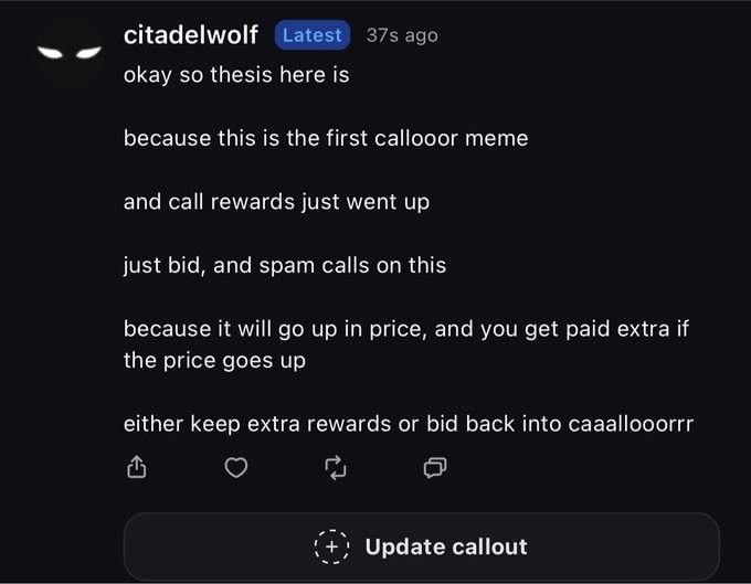 A user named citadelwolf posts on Twitter/X explaining their thesis to bid on a callout meme token (CA: A48KeWUuiDSdRQBqAFssgyYATDuBv7cer54V2JSDpump) because call rewards have increased and bidding will drive the price up, allowing them to earn extra rewards or bid back into the token.