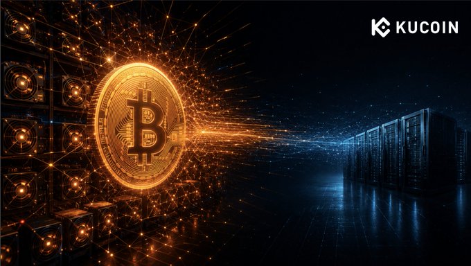 The image features a large, golden Bitcoin symbol surrounded by bright orange sparks coming out of its center. The background shows an array of computer servers or data centers, suggesting that this image is related to the cryptocurrency world. The text "KuCoin" appears in the image as well.