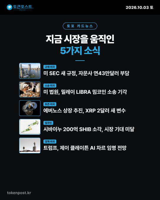 A Korean-language crypto news graphic from TokenPost dated 2026.10.03, titled '지금 시장을 움직인 5가지 소식' (5 news items moving the market now), covering stories on the US SEC, MiCA LIBRA lawsuits, Ethereum, Shiba Inu supply, and Truther AI token.
