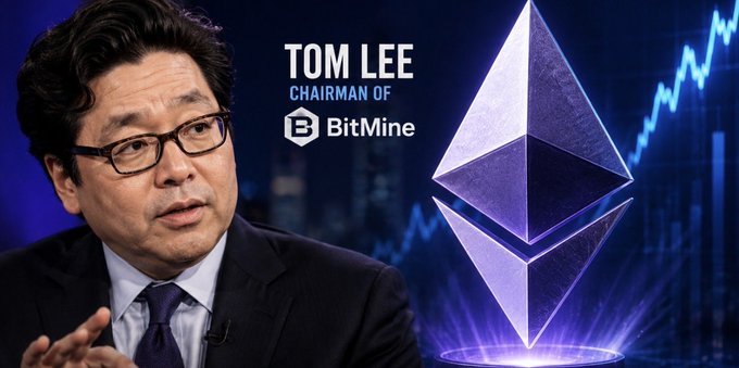 A news-style graphic featuring Tom Lee, Chairman of BitMine, alongside an Ethereum logo and an upward-trending stock chart.
