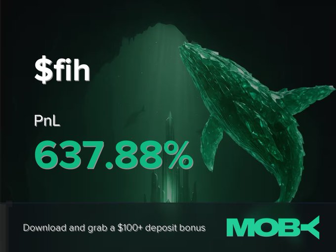 A promotional graphic from Moby features a green whale in an underwater scene alongside a trader profit alert showing "$fih" with a PnL of +637.88%, highlighting a successful trade closed on the Moby Mobile app.