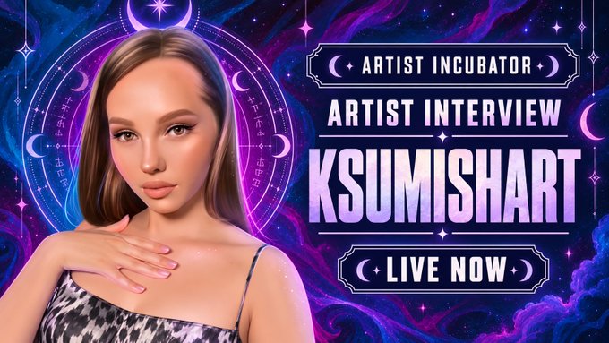 A promotional graphic for an 'ARTIST INCUBATOR' featuring a digital-style portrait of a woman, advertising an 'ARTIST INTERVIEW' with 'KSUMISHART' 'LIVE NOW' against a purple cosmic background.