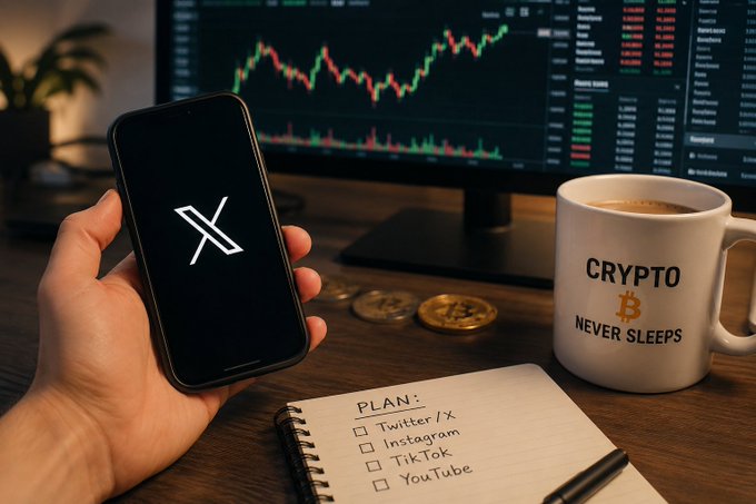 A hand holds a smartphone displaying the X (formerly Twitter) logo, next to a mug labeled 'CRYPTO NEVER SLEEPS', a notebook with a 'PLAN:' checklist for social media platforms (Twitter/X, Instagram, TikTok, YouTube), and Bitcoin coins on a desk with a trading chart on a monitor.