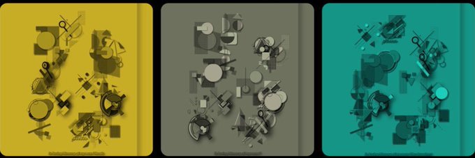 A triptych of abstract generative artworks in yellow, gray, and teal panels showcases intricate mechanical and geometric elements, visually representing the algorithmic style of the "NotAnArtist" NFT collection. Faint text at the bottom of each panel appears to read "NotAnArt[GRAY/YELLOW/MINT]" serving as the only visible identifiers within the artwork itself.