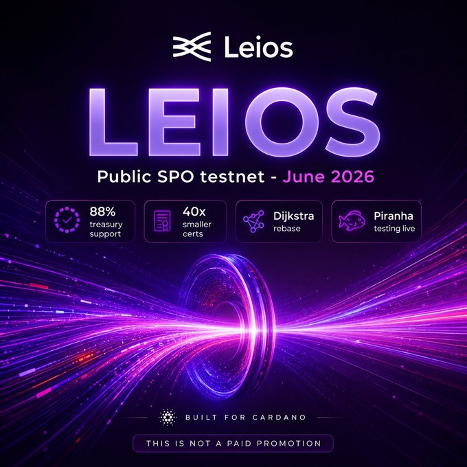 The image features a purple and blue spiral graphic with the text "Leios" written above it. Below this, there are details about a public SPO testnet scheduled for June of the following year. The text also mentions that the testnet will be built for Cardano users who want to participate in the testing phase.