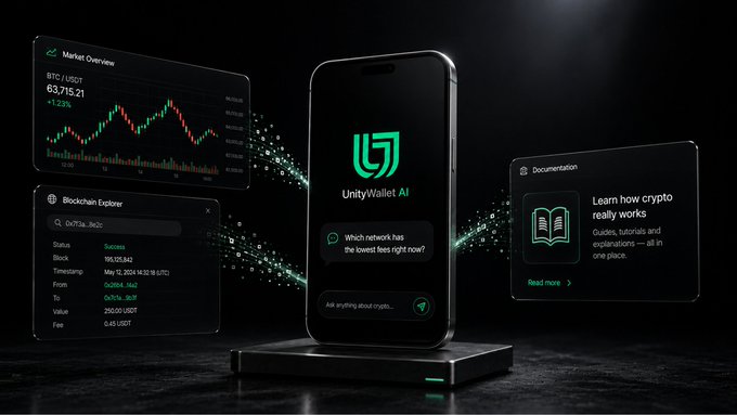 Promotional image for 'UnityWallet AI', a crypto assistant app displayed on a smartphone, featuring floating UI panels showing BTC/USDT market overview ($63,715.21, +1.23%), blockchain explorer data, and documentation tutorials.