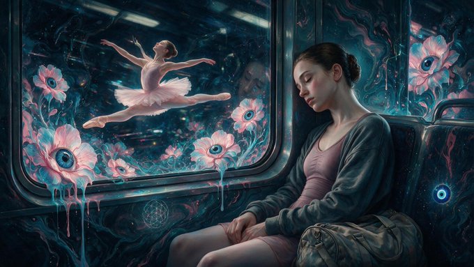 A surreal digital painting showing a young woman sleeping on a subway train while a ballerina in a pink tutu dances in a dreamlike realm outside the window, surrounded by glowing, eye-like flowers.