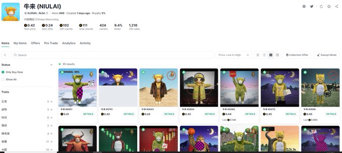 The image shows a NFT marketplace listing for "牛来 (NIULAI)" with 1,216 items having a 9.4% listed ratio and a floor price of 0.42 ETH. The post expresses FOMO over purchasing a 250u NFT, contrasting with the marketplace display showing many similar items available at relatively low prices (0.41-0.45 ETH).