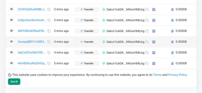 A crypto transaction history showing six 0.05008 SOL transfers sent to different wallet addresses (starting with "Заkcn7u6GK...hNUwVMtLkg") within the past 3-5 minutes, corresponding to the $SOL giveaway winners announced in the post.
