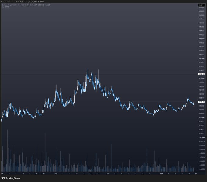 A TradingView candlestick chart for the CARDS/USDT pair on Gate.io is displayed, showing a significant price peak around 0.3500 followed by a sharp decline and subsequent consolidation near 0.1700, aligning with the post's discussion of CARDS potentially retracing its all-time highs and the correlation with the Beezie token. The chart includes volume bars at the bottom and price levels ranging from approximately 0.1500 to 0.3600 on the August 15 daily timeframe.