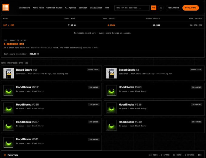 The dashboard shows 9 HoodBlock NFTs (including completed Spark #91 and #93) all in "IN QUEUE" status, along with mining stats (Rank 167/250, 7.17 GHs hashpower, 14,331 round shares) — illustrating the post's point that HoodBlockz appear in the dashboard and are currently queued until the next Block Party where they go "active" and begin pushing hashpower to hunt for Bitcoin.