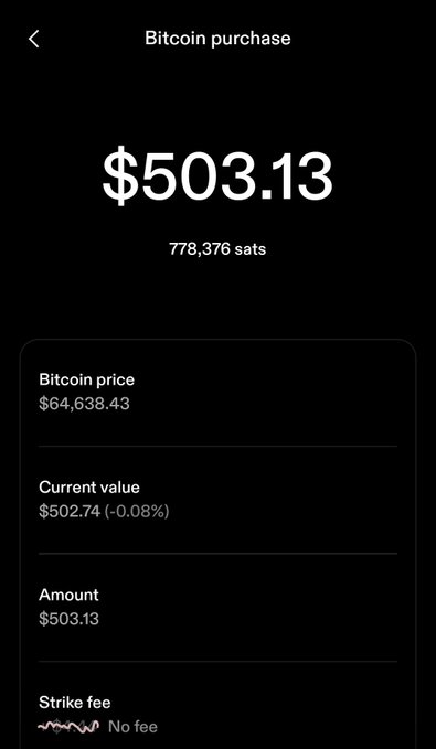 A dark-themed mobile app screenshot showing a "Bitcoin purchase" confirmation for $503.13 (778,376 sats), with a Bitcoin price of $64,638.43, a current value of $502.74 (-0.08%), and "No fee" for the strike fee.