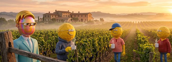 A surreal scene featuring characters with yellow emoji-like heads in various poses, standing in a vineyard with a Tuscan-style villa in the background at sunset.